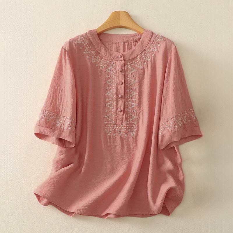 Buddha Stones Spring Embroidered Cotton Half Buttons Women's Short Sleeve Shirt