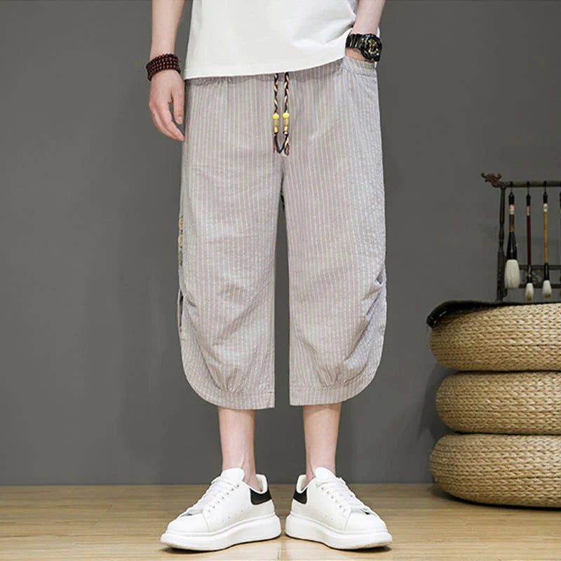 Buddha Stones Casual White Stripes Pattern Drawstring Button Design Men's Cotton Cropped Harem Pants With Pockets