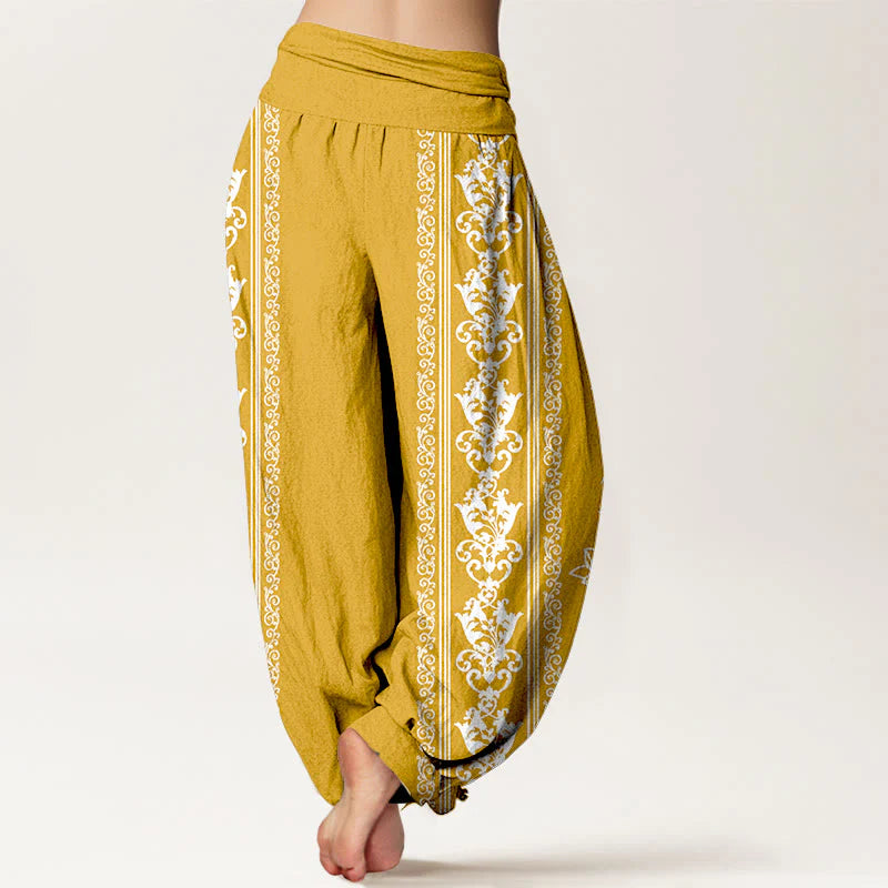 Buddha Stones Cotton Lotus Flowers Double Dorje Vajra Namaste Om Design Women's Elastic Waist Harem Pants