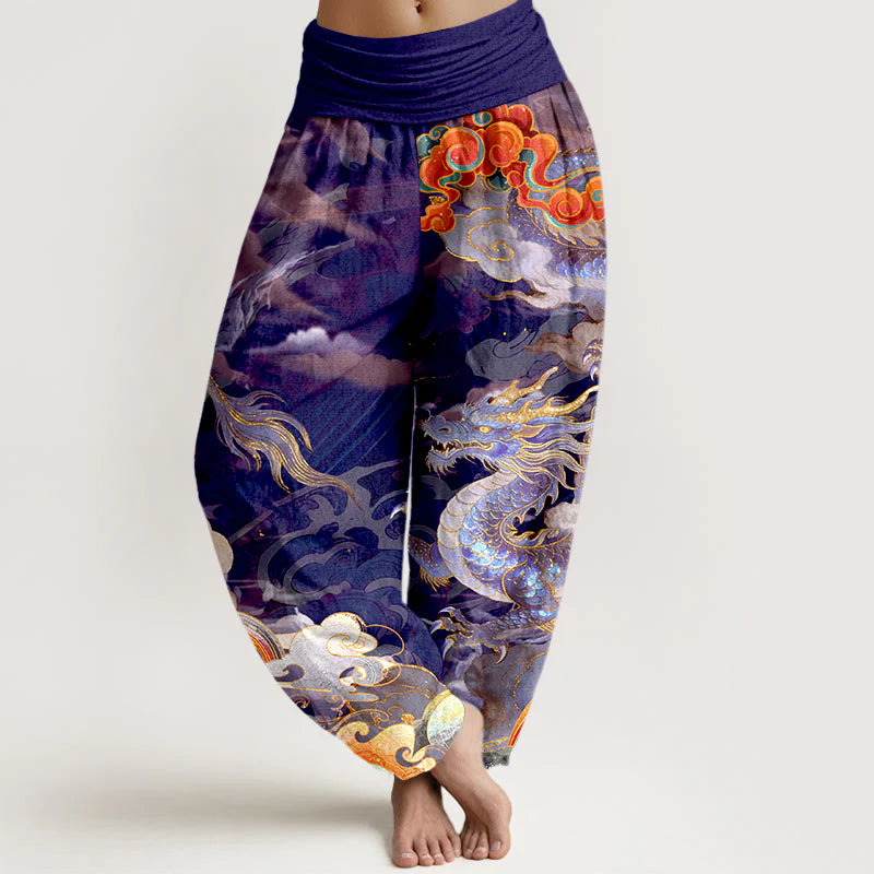 Buddha Stones Pure Cotton Gorgeous Dragon Cloud Rainbow Pattern Women's Elastic Waist Harem Pants