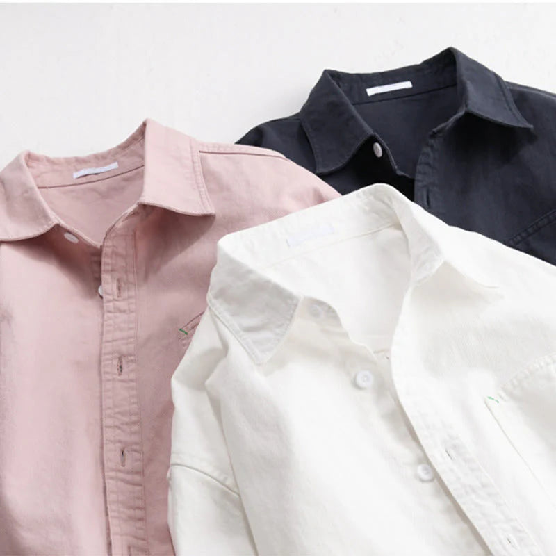 Buddha Stones Solid Buttons Down Decorative Pocket Men's Stand Collar Long Sleeve Cotton Shirt
