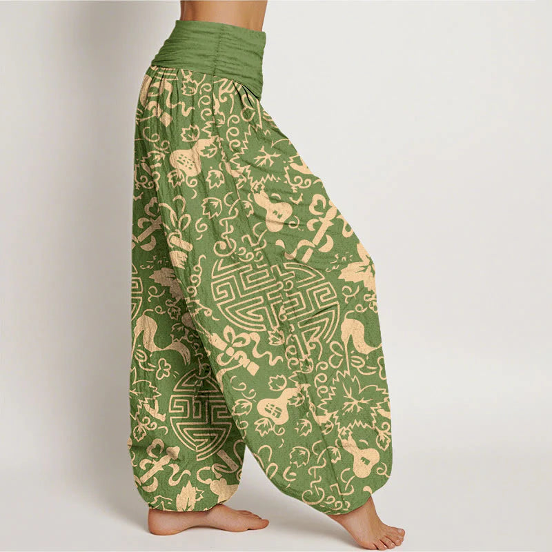 Buddha Stones Pure Cotton Chinese Character Gourd Auspicious Pattern Women's Elastic Waist Harem Pants