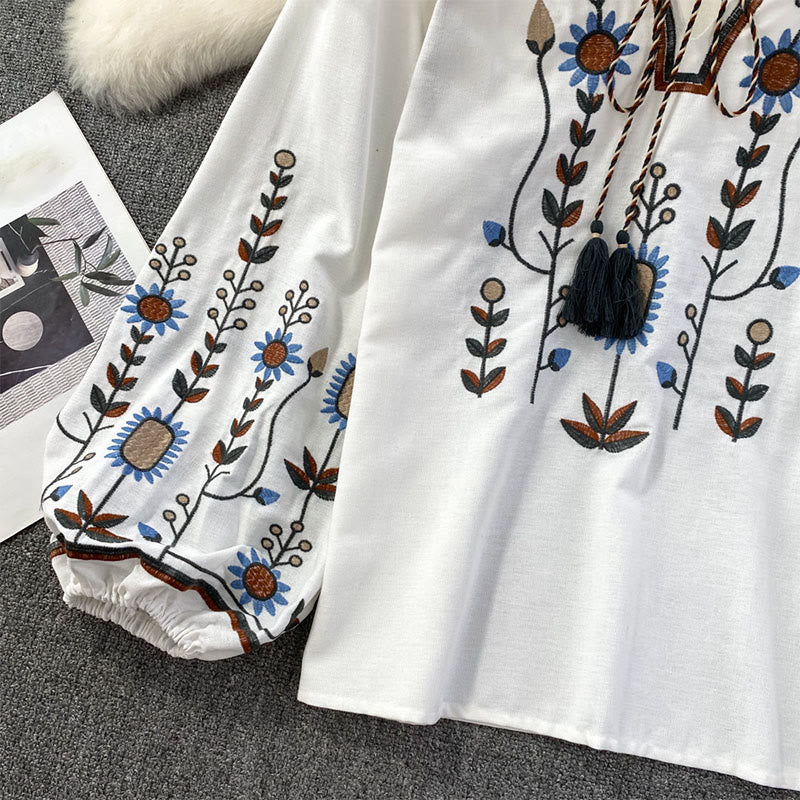 Buddha Stones Casual Embroidery Flower Leaf Pattern Women's Cotton Linen Round Neck T-shirt