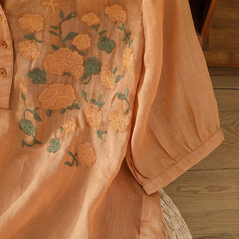 Buddha Stones Casual Women's Flowers Green Leaves Embroidery Pattern V-Neck Design Half Sleeve Cotton Linen Shirt
