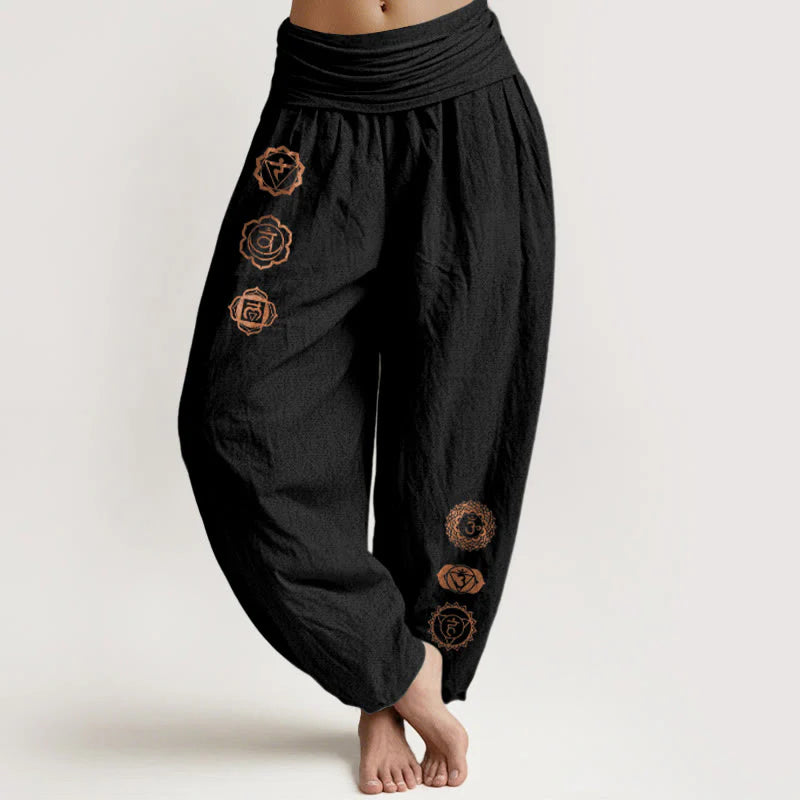 Buddha Stones Casual Chakra Symbol Pattern Pure Cotton Women's Elastic Waist Harem Pants