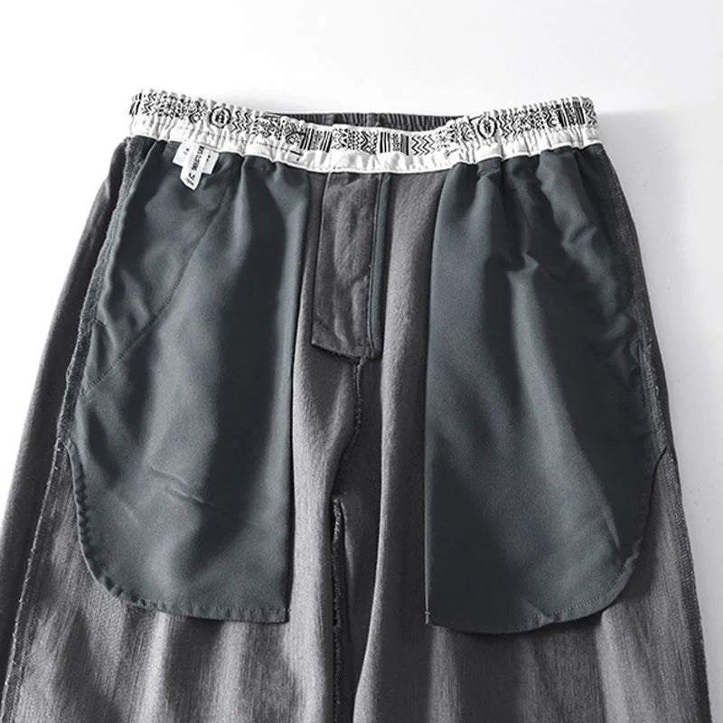 Buddha Stones Fall Solid Drawstring Zipper Men's Linen Wide Leg Pants With Pockets