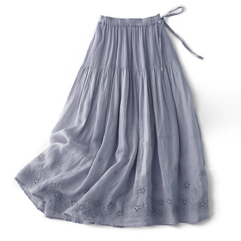 Buddha Stones Embroidery Hollow Design A-line Drawstring High Waist Women's Skirt With Pockets