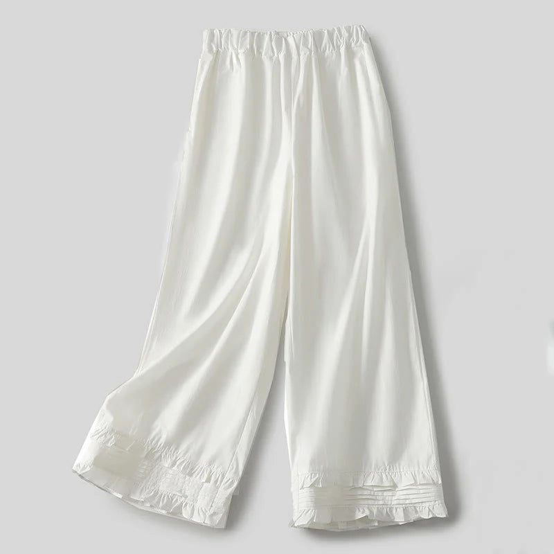 Buddha Stones Artistic Commute Pure Color Ruffled Hem Design Women's Cotton Linen Pants With Pockets