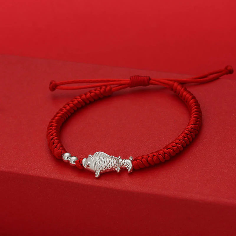 Buddha Stones 999 Sterling Silver Koi Fish Design 990 Sterling Silver Bead Red String Luck Bracelet