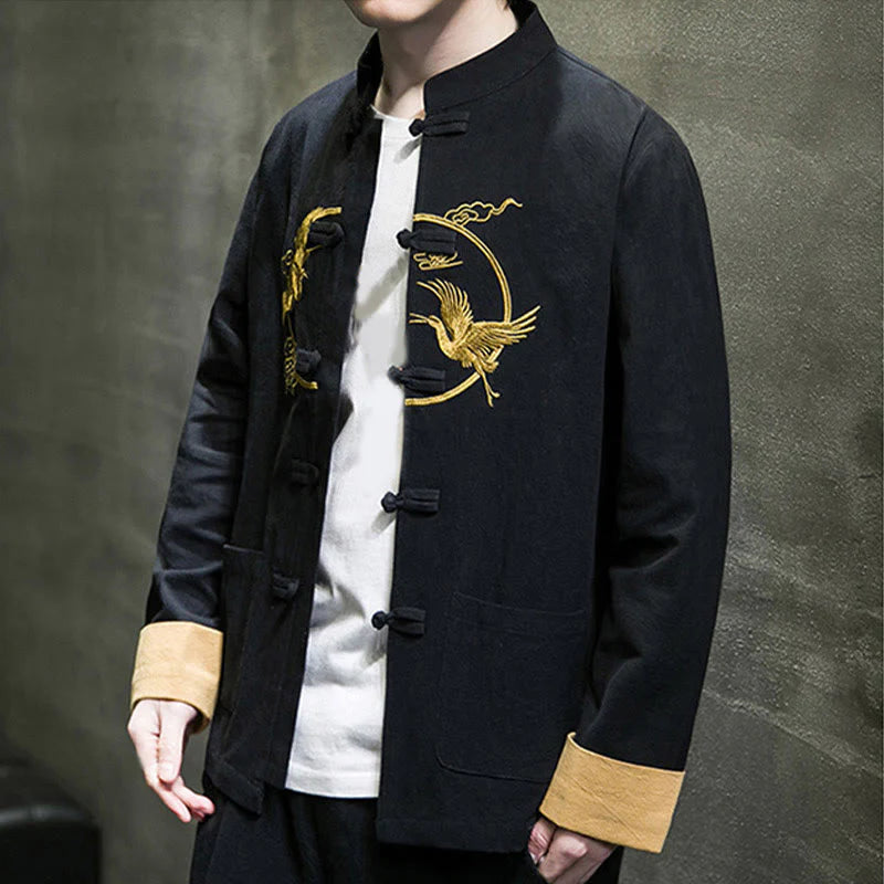 Buddha Stones Embroidery Cranes Pattern Frog-Button Men's Cotton Long Sleeve Jacket With Pockets
