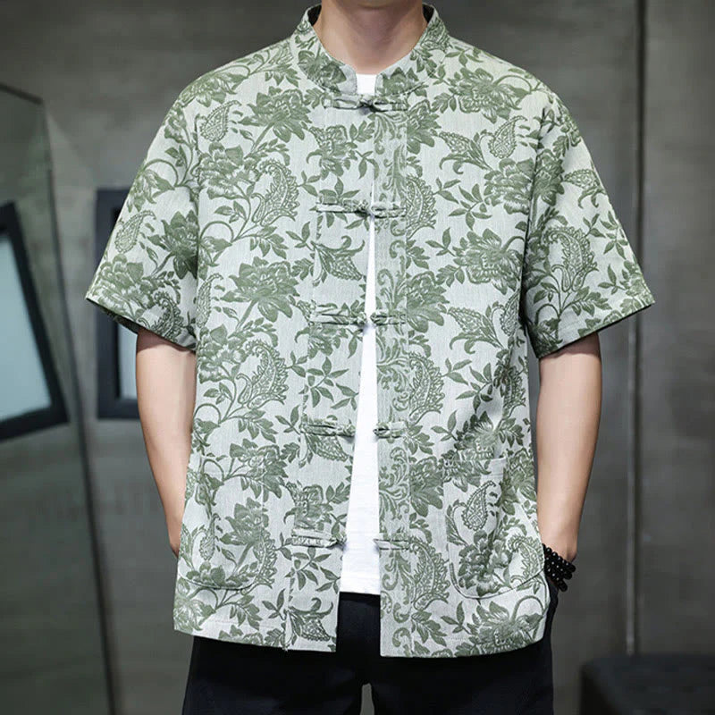Buddha Stones Casual Jacquard Paisley Flower Plant Pattern Frog-Button Design Men's Cotton Shirt Cardigan With Pockets