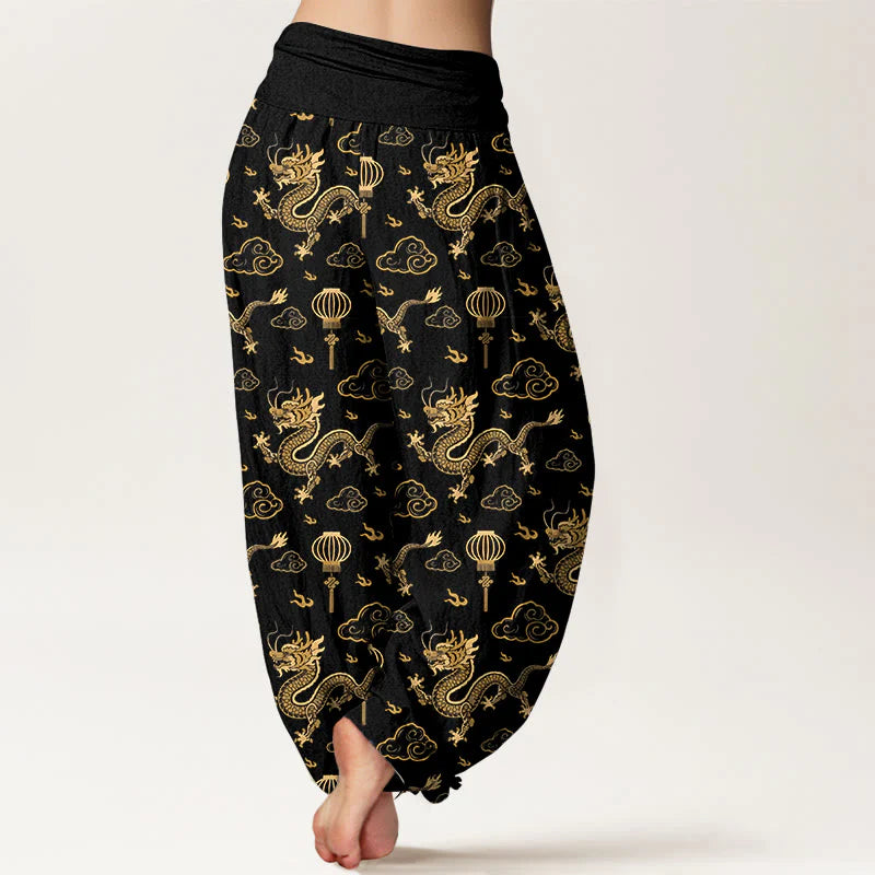 Buddha Stones Print Dragon Auspicious Cloud Lantern Pattern Women's Elastic Waist Harem Cotton Pants