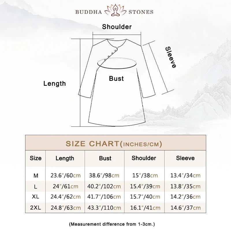 Buddha Stones Blue Flowers Orange Leaves Frog-Button Three Quarter Sleeve Cotton Linen Shirt