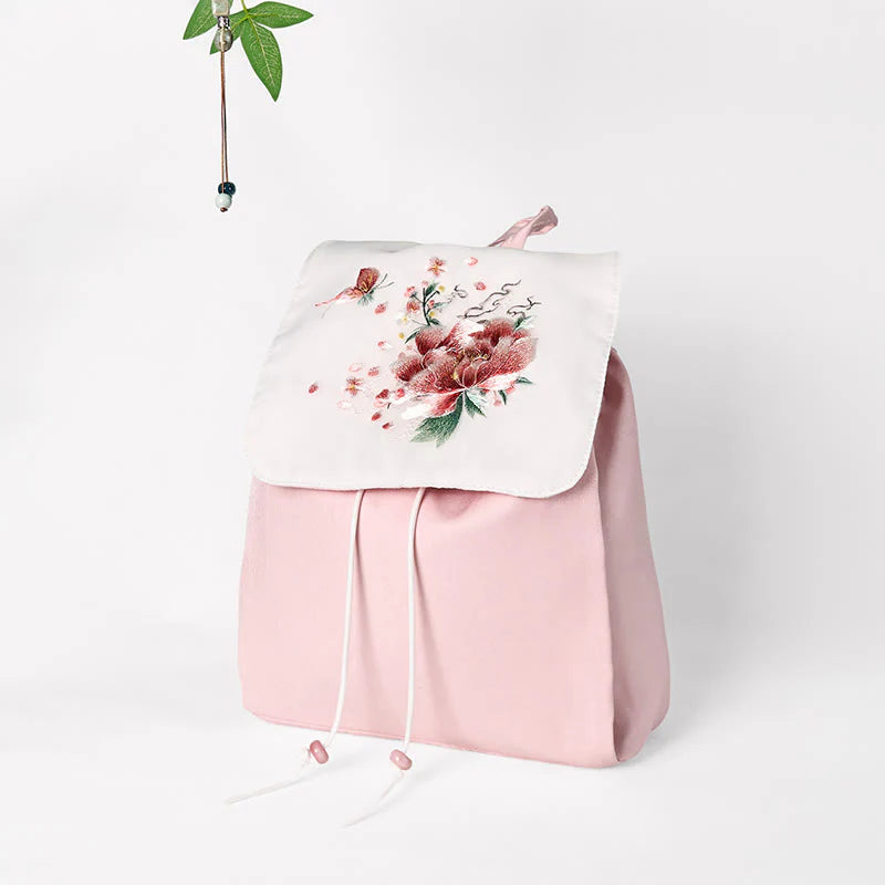 Buddha Stones Handmade Pink Peony Flowers Embroidered Large Capacity Canvas Backpack