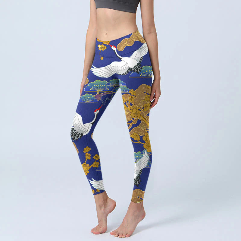 Buddha Stones Flying Red-Crowned Crane Pine Tree Flower Pattern Print Gym Leggings Women's Yoga Pants