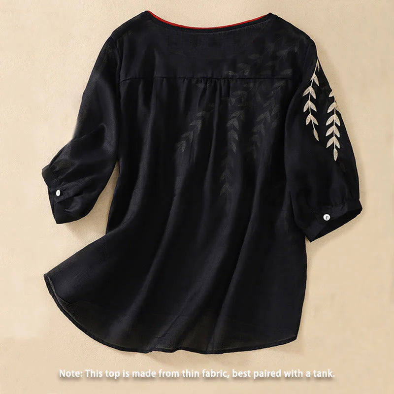Buddha Stones Embroidery Leaves Women's Cotton Linen Half Sleeve T-shirt