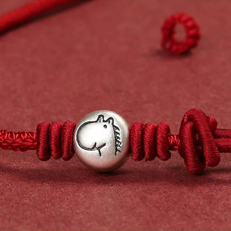 Buddha Stones Year of the Horse 999 Sterling Silver Red String Braided Connection Bracelet