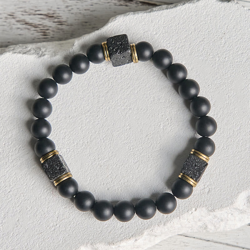 Buddha Stones Natural Frosted Black Onyx Square Lava Rock Fortune Bracelet