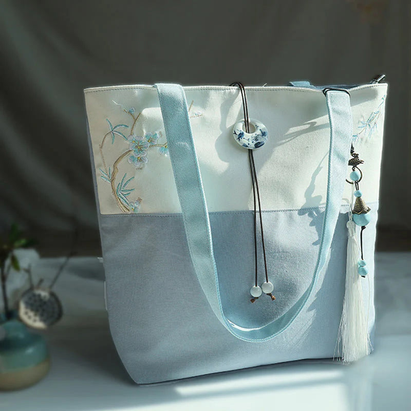 Buddha Stones Pear Flower Plum Peach Blossom Bamboo Embroidery Canvas Large Capacity Shoulder Bag Tote Bag