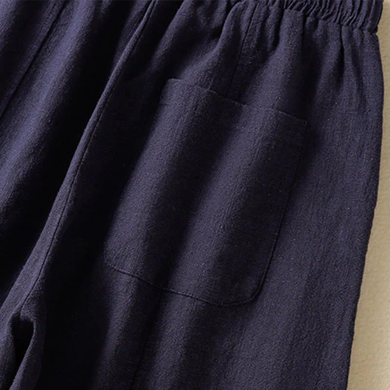 Buddha Stones Plain Simple Design High Waist Women's Cotton Linen Harem Pants With Pockets