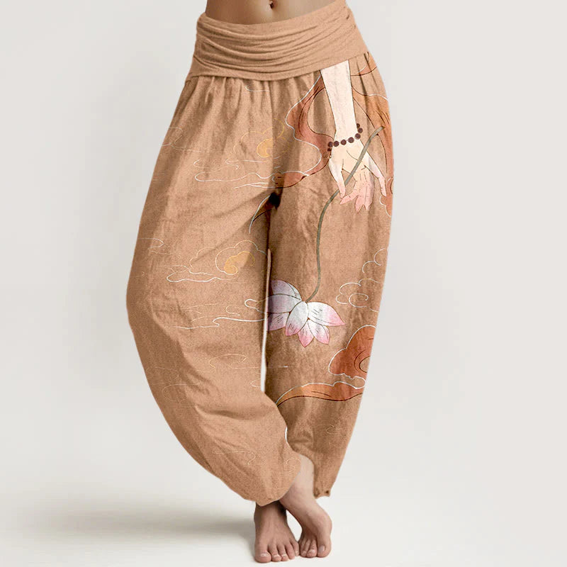 Buddha Stones Pure Cotton Lotus Flower Flowing Ribbons Hand Wearing Prayer Beads Clouds Pattern Women's Elastic Waist Harem Pants