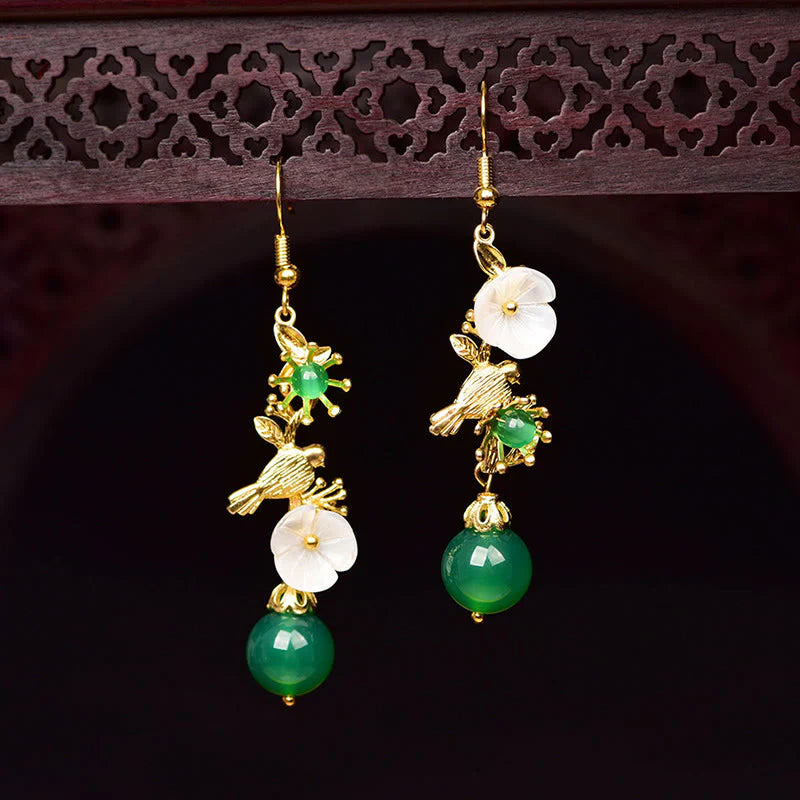 Buddha Stones Green Agate Bead White Flower Bird Power Drop Earrings