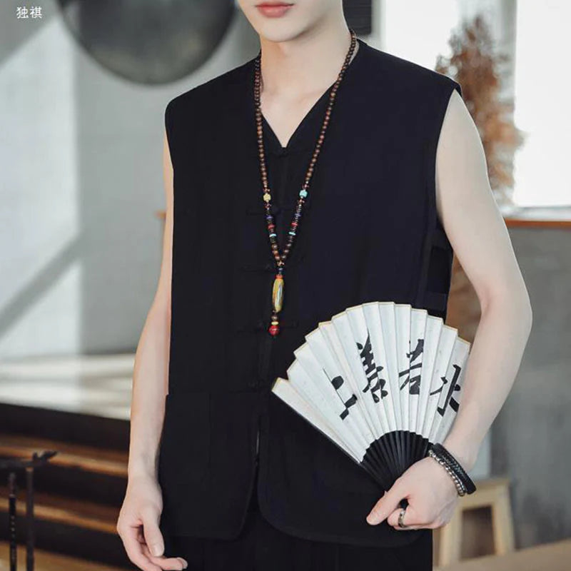 Buddha Stones Casual Chinese Frog-Button Men's Cotton Vest Waistcoat With Pockets