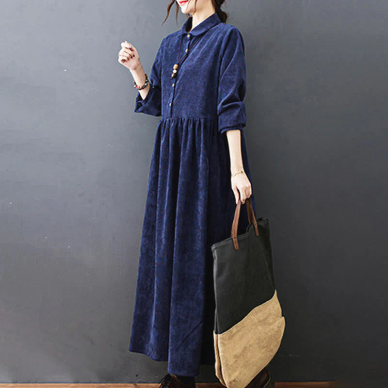 Buddha Stones Fall Buttons Design Long Sleeve Cotton Corduroy Midi Dress With Pockets
