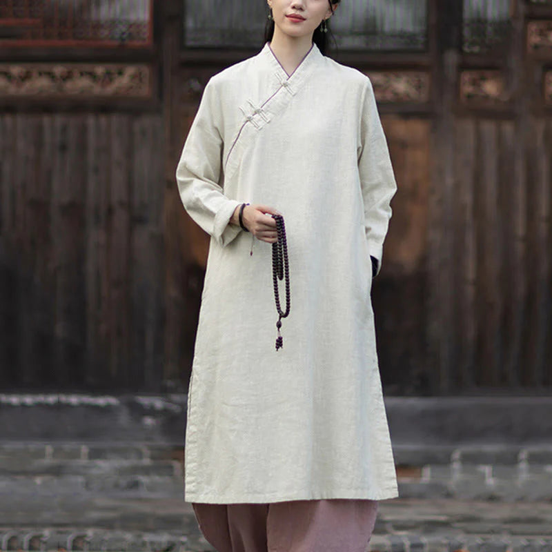 Buddha Stones Solid Frog-Button Long Sleeve Ramie Linen Midi Dress Cheongsam With Pockets