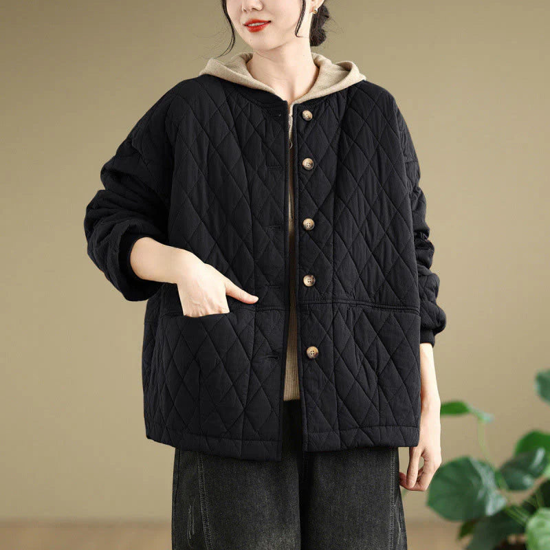 Buddha Stones Diamond Grid Pattern Women's Long Sleeve Cotton Thickened Jacket With Pockets