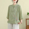 Buddha Stones Flower Embroidery Three Quarter Sleeve One Frog-Button Mandarin Collar Cotton Women's Shirt