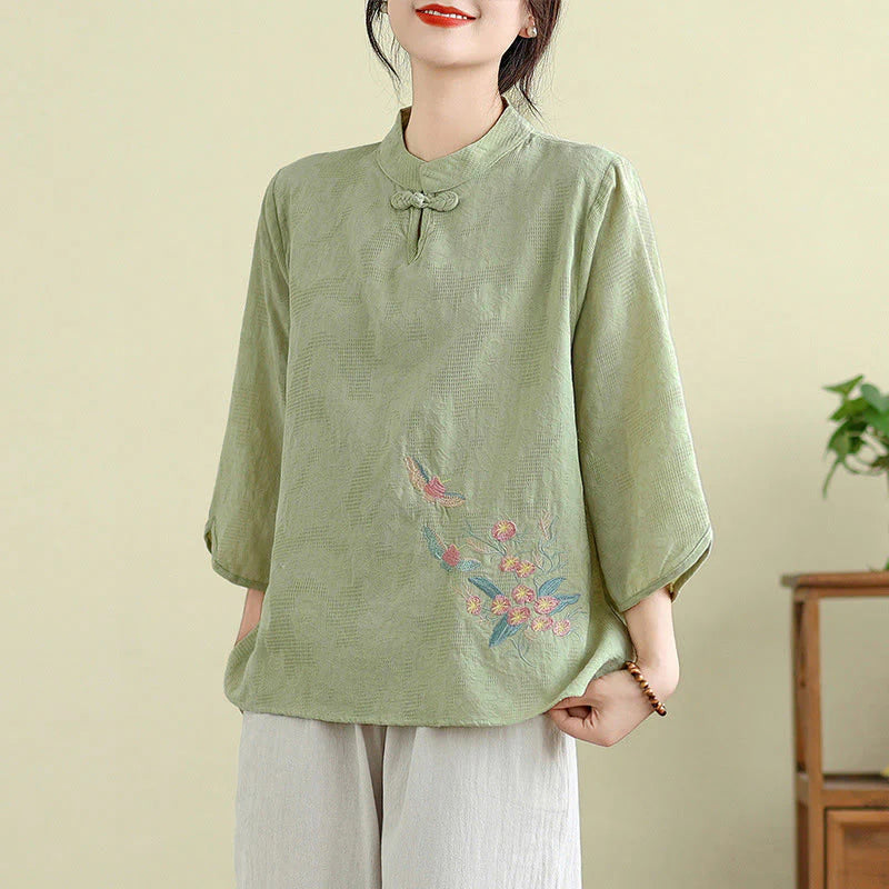Buddha Stones Flower Embroidery Three Quarter Sleeve One Frog-Button Mandarin Collar Cotton Women's Shirt