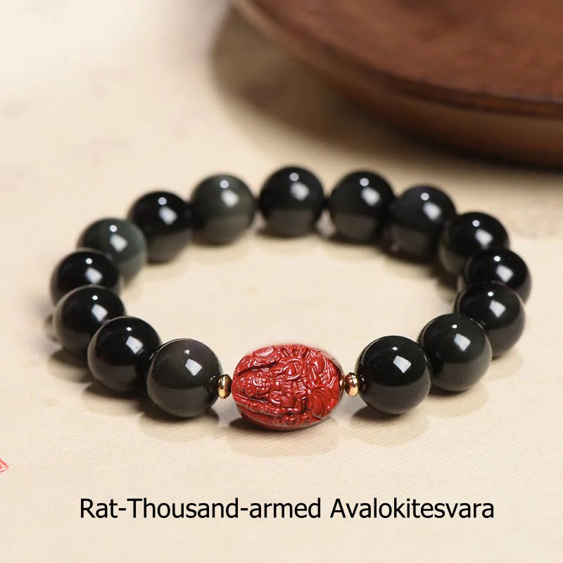 Buddha Stones Chinese Zodiac Natal Buddha Natural Black Obsidian Cinnabar Purification Bracelet (Extra 35% Off | USE CODE: FS35)