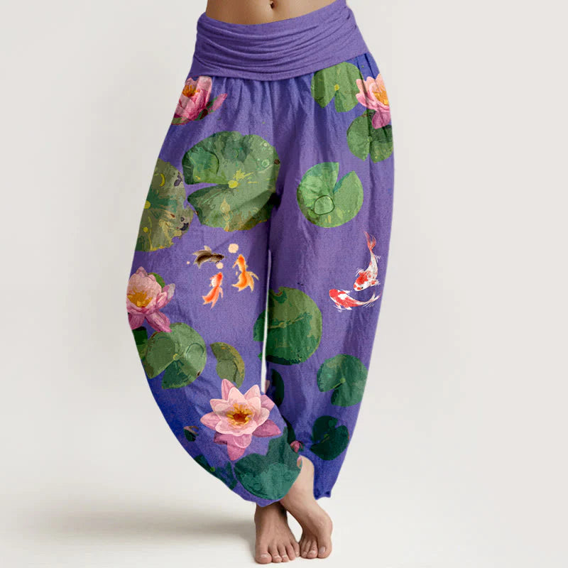 Buddha Stones Print Koi Fish Lotus Flowers Pattern Women's Elastic Waist Harem Pure Cotton Pants