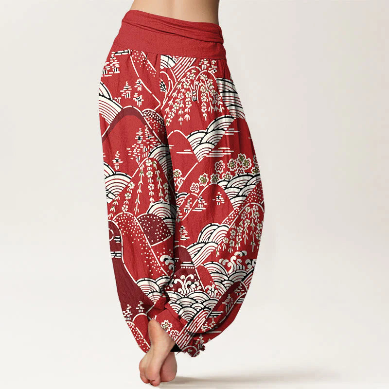Buddha Stones Printed Mountains Waves Floral Pattern Women's Elastic Waist Harem Pure Cotton Pants