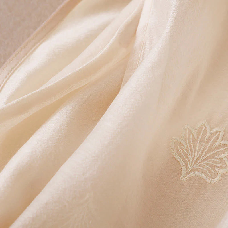 Buddha Stones Embroidery Flower Frog-Button Stand Collar Side Slit Short Sleeve Maxi Dress
