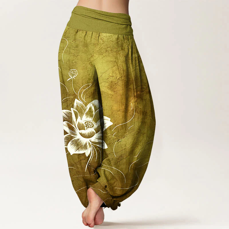 Buddha Stones Pure Cotton Lotus Flower Pattern Women's Elastic Waist Harem Pants