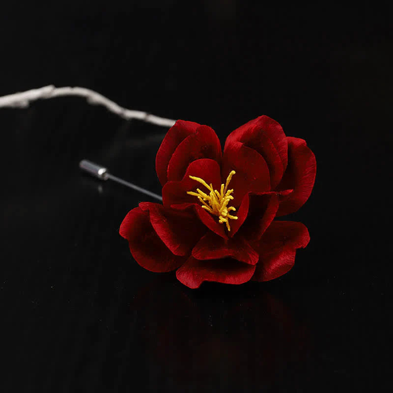 Buddha Stones Cultural Heritage Handcrafted Silk Art Red Camellia Blessing Sincerity Brooch
