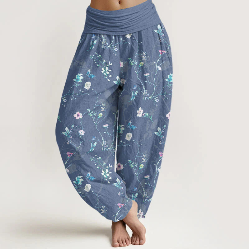Buddha Stones Pure Cotton Retro Flowers Leaves Branches Pattern Women's Elastic Waist Harem Pants