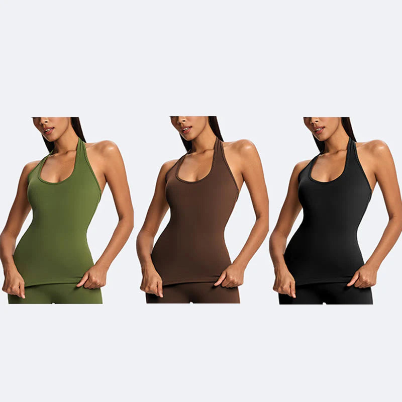 Buddha Stones Solid Crop Halter Backless Sleeveless Top Straight Leg Pants For Sports Fitness Yoga