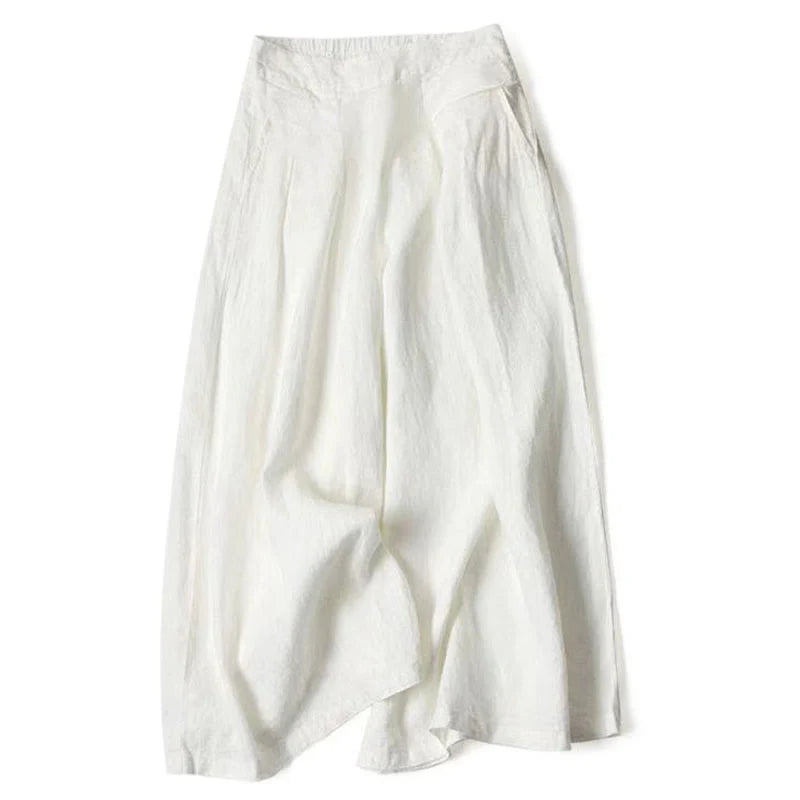 Buddha Stones Plain Color Cotton Linen High Waist Wide Leg Pants With Pockets