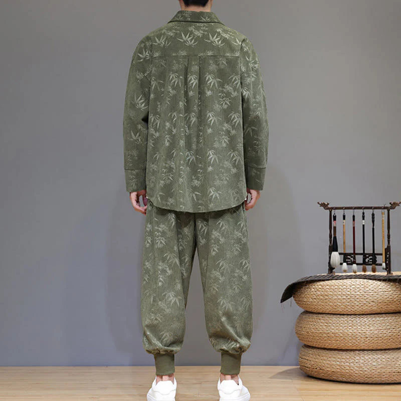 Buddha Stones 2Pcs Winter Thick Bamboo Men's Tang Suit Frog-Button Cotton Corduroy Long Sleeve Jacket Pants Set With Pockets