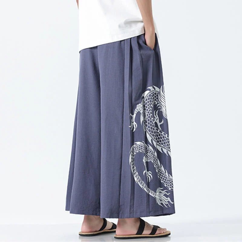 Buddha Stones Summer Dragon Drawstring Design Cotton Ankle-Length Men's Wide Leg Pants With Pockets