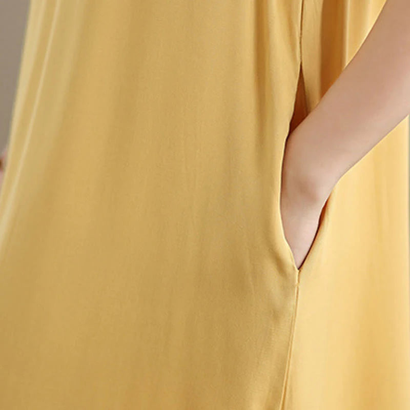 Buddha Stones Pure Color Slit Design Sleeveless Cotton Midi Dress With Pockets