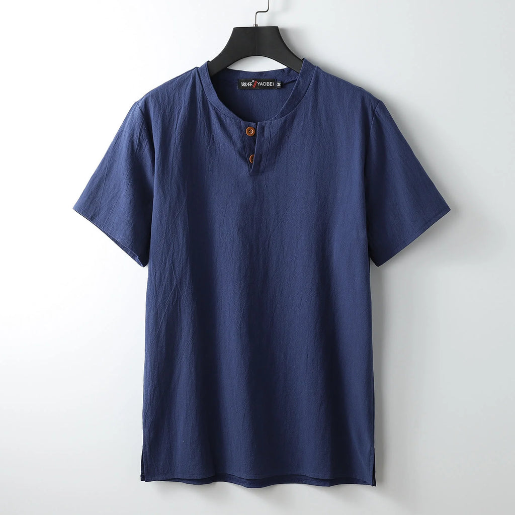 Buddha Stones Loose Men's T-shirt Solid Color Top Short Sleeve Button Notched Neck Soft Shirt