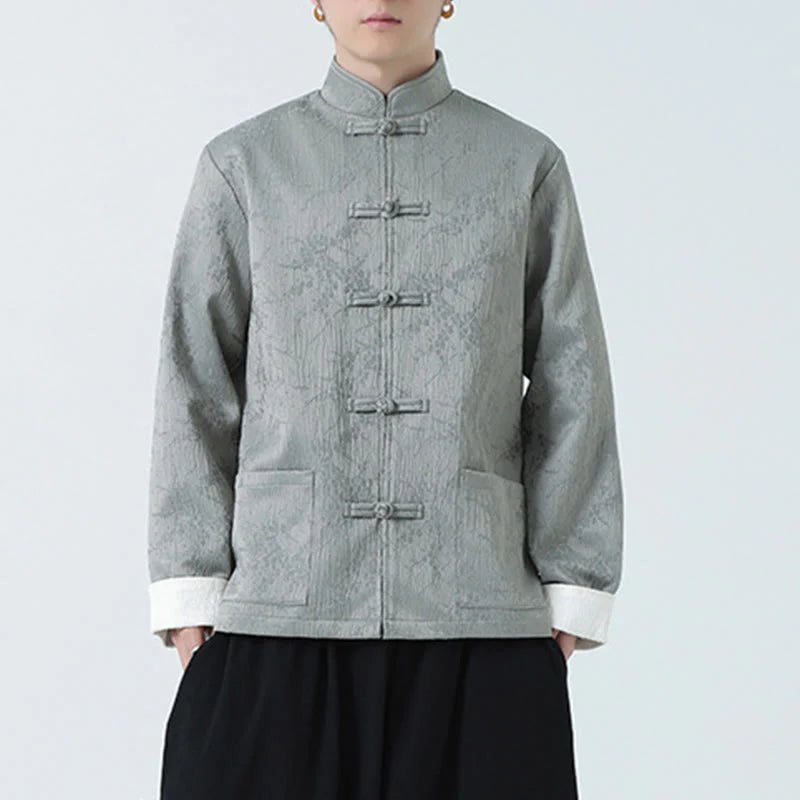Buddha Stones Jacquard Stand Collar Long Sleeve Men's Cotton Jacket With Pockets