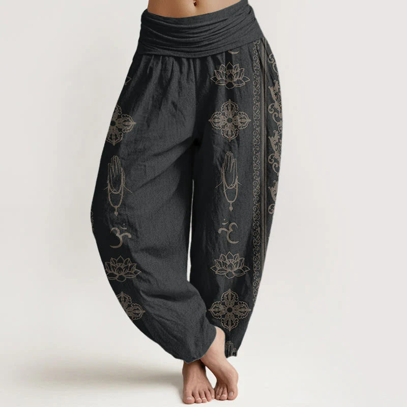 Buddha Stones Pure Cotton Lotus Flowers Double Dorje Vajra Namaste Om Design Women's Elastic Waist Harem Pants