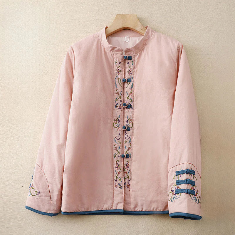 Buddha Stones Winter Flower Embroidery Frog-Button Long Sleeve Women's Thermal Jacket