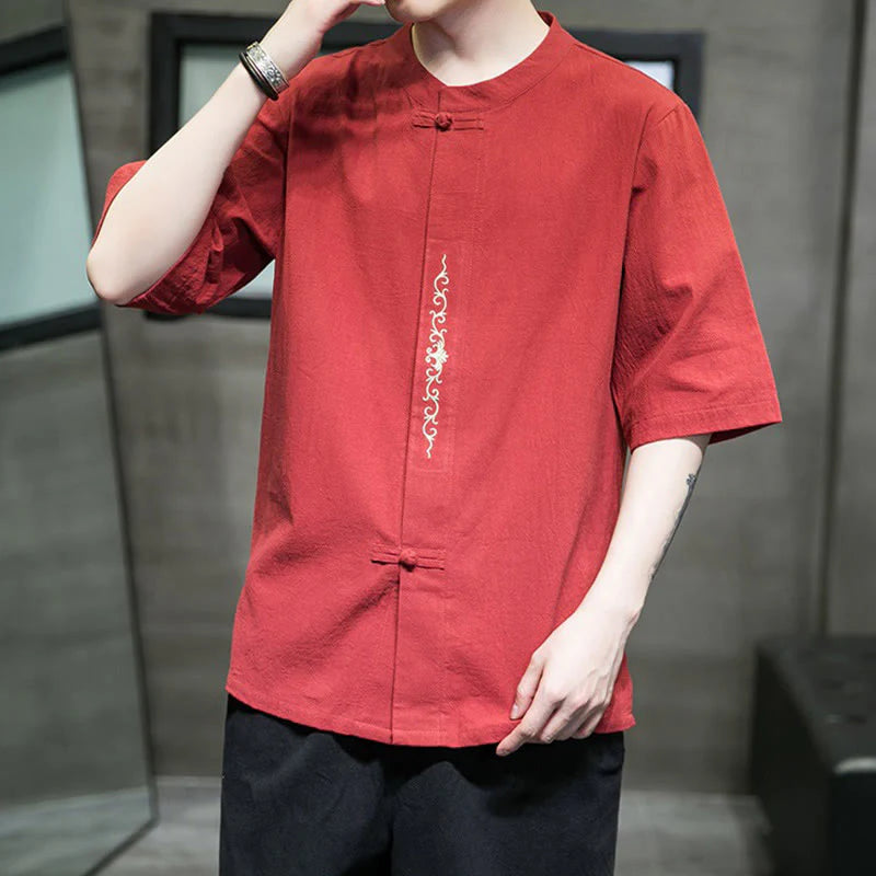 Buddha Stones Casual Solid Color Frog-Button Embroidery Men's Cotton Linen Shirt Cardigan