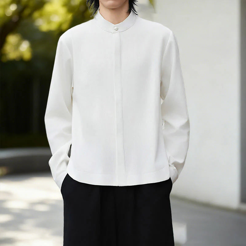 Buddha Stones Fall Solid Color White Men's Long Sleeve Cotton Linen Shirt Corduroy Kimono